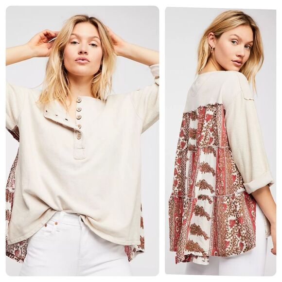 Free People Cool Baby Pullover Beige Red Floral Oversize Boho Henley Top - Picture 1 of 11